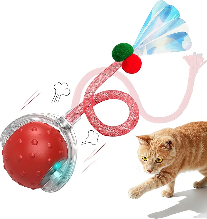 Interactive Cat Toy – Motion Activated Rolling Ball with LED Lights & 3 Play Modes & Two Different Tails - Best Toy for Indoor Cats & Kittens to Stay Active and Stimulate Hunting Instinct
