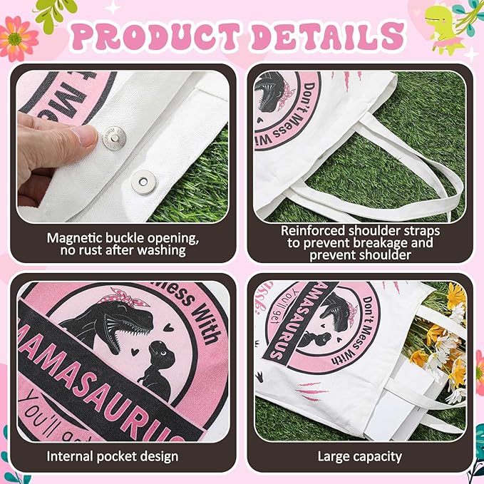 Paterr 4 Pcs Mom Gifts for Mother's Day Mamasaurus Gift for mother women Birthday Decorations，with Canvas Tote Bag 16oz Glass Coffee Cup with Straw Socks Cute Keychain