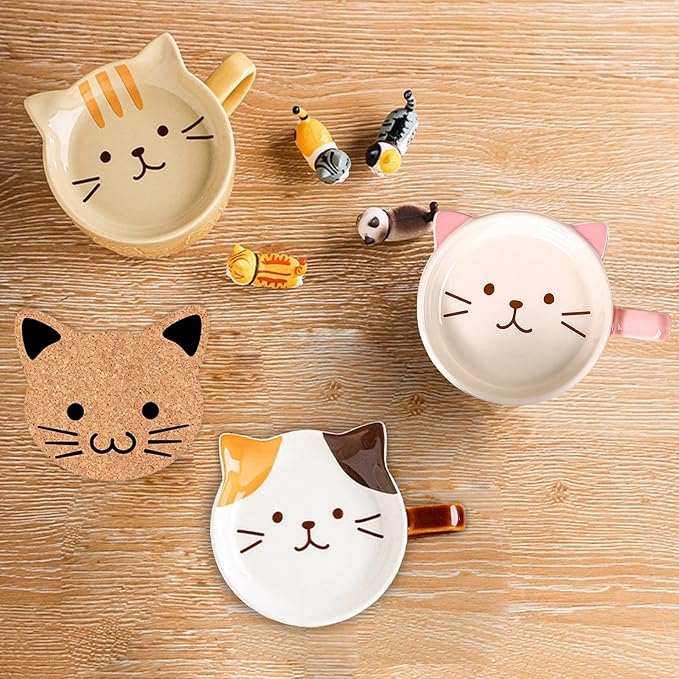 2PCS Cute Mug Kawaii Cat Tea Cup Ceramic Coffee Mug with Lid,Tea Cups and Saucers for Dessert tea mug cute gifts Cat lover Gifts For Women Anime gift for Women Christmas Gifts 10oz (Pink+Brown)