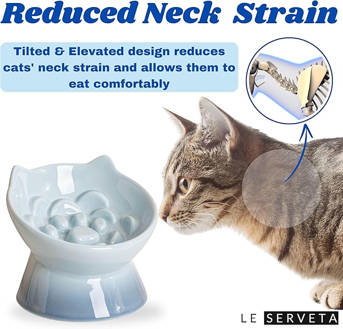 Macarons Series Ceramic Slow Feeder Cat Bowl, Raised Puzzle Feeder, Anti Vomiting Cat Slow Feeding, Elevated Food Bowl, Whisker Friendly Pet Bowl with Cute Ear Design (Gradient Blue)