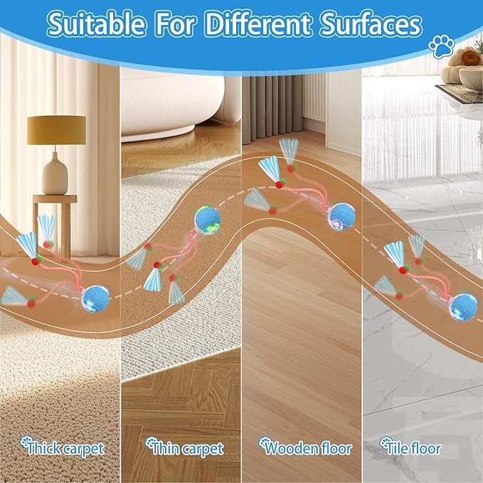 Interactive Cat Toy Ball for Indoor Features Fast Rolling, Bird Chirping Sounds,Intelligent Activation.It’s Rechargeable and Includes Two Replaceable Tail Types