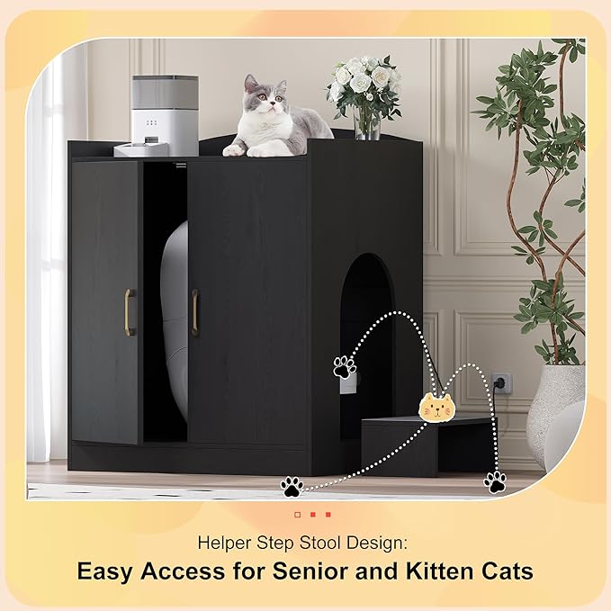 Heybly Litter box Enclosure,large Cabinet with Charging Station,Wooden Cat Litter Box Enclosure Furniture for Self-Cleaning Robot 3 & 4,Hidden for Smart Litter Box Size for senior cats,Black HCLB005BK