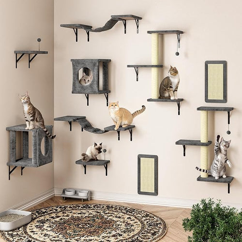 10-in-1 Cat Wall Shelves, Wooden Cat Climbing Wall with Scratching Post, Cat Wall Mounted Furniture for Climbers, Space-Saving Cat Wall for Play & Rest, Drywall & Solid Walls