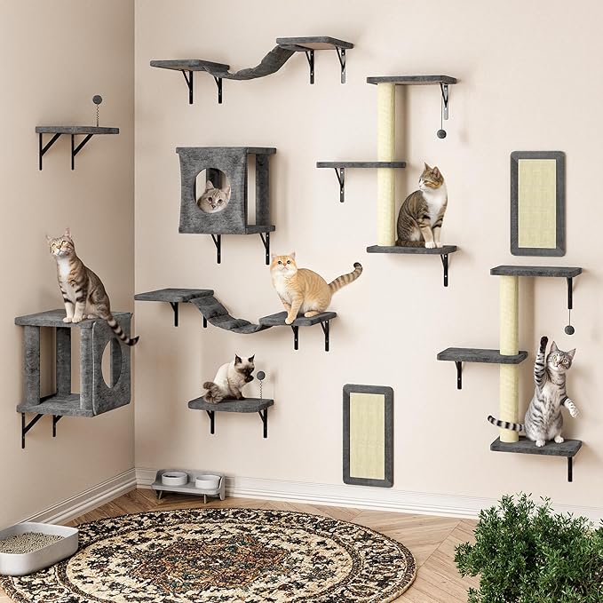 10 Pcs Cat Wall Shelves Set, Wall-Mounted Climber with Cat House, Scratching Post, Bridge, Hammock, Space-Saving Play Furniture, Grey