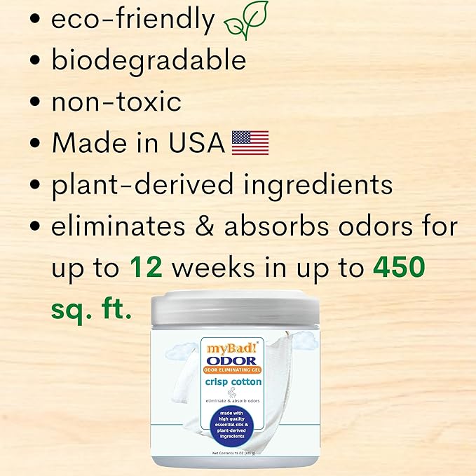my Bad! Odor Eliminator Essential Oil Gel 15 oz - Air Freshener - Eliminates Odors in Bathroom, Pet Area, Closets, RVs, Pet Areas (Crisp Cotton, 1 Pack)
