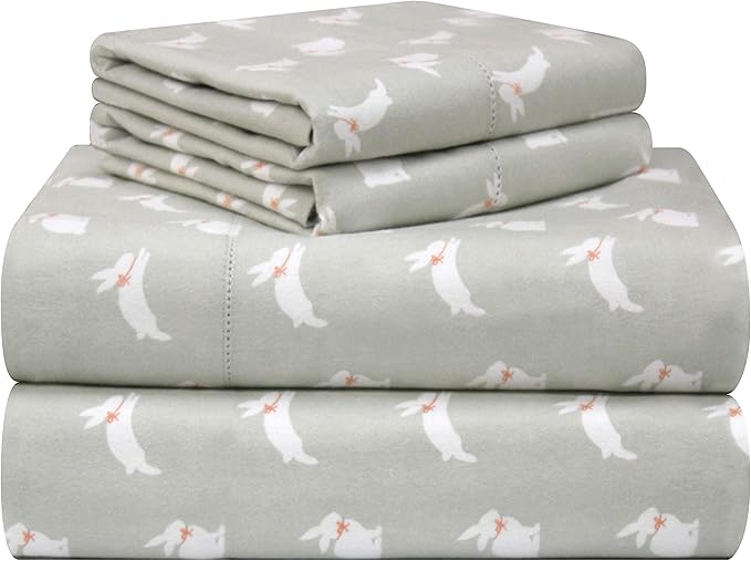 Pointehaven 180 GSM Velvet Feel Luxury 100% Cotton Printed Flannel Sheet Set, Queen, Bunnies - Warm & Cozy - Pre-Shrunk -Deep Pockets - Elastic All Around-Comfy Double Brushed -