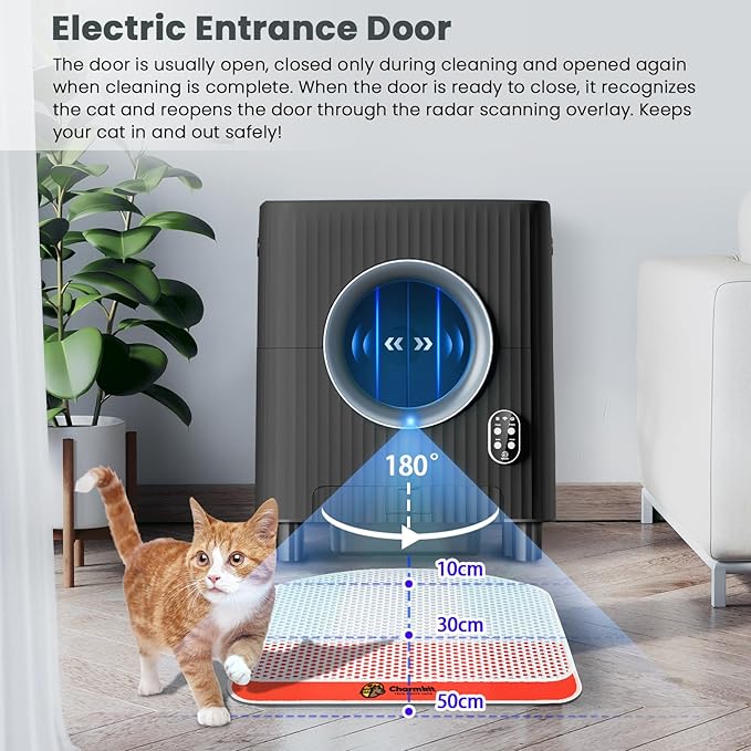 Self Cleaning Cat Litter Box,Electric Entrance Door Automatic Cat Litter Box,Video Monitor,Large Capacity for Multiple Cats with Mat-Anti-Pinch/Odor-Removal/APP Control