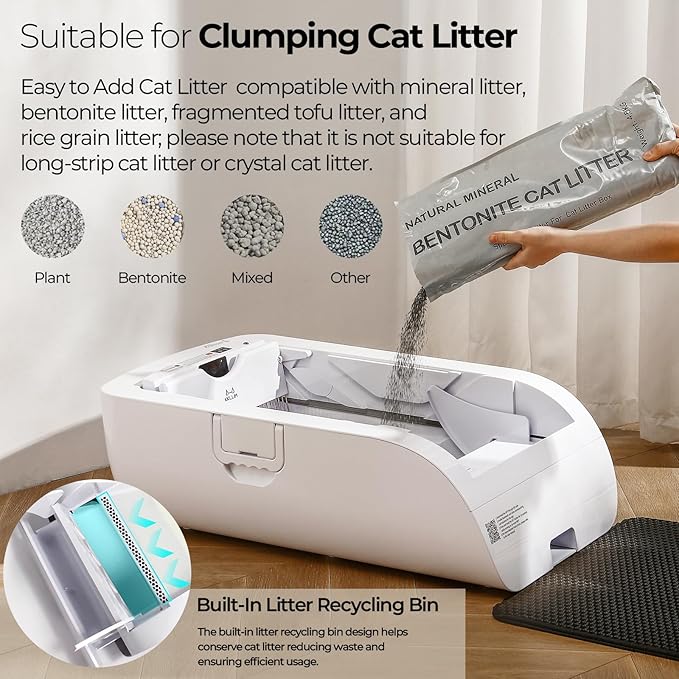 Open-Top Self Cleaning Cat Litter Box Automatic with Smart APP Control, Anti Pinch and Odorless, Whisper Quiet, Free Waste Bag/Litter Mat/Cleaning Brush/Mineral Cat Litter (Cream White)