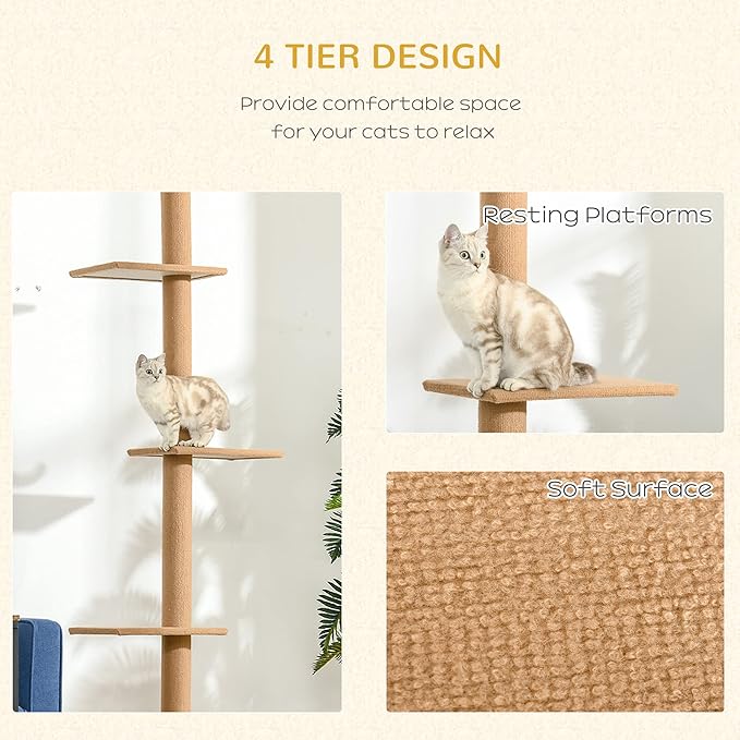 PawHut Floor-to-Ceiling Cat Tree Cat Climbing Tower with Sisal-Covered Scratching Posts Natural Cat Tree Activity Center for Kittens Cat Tower Furniture, Brown