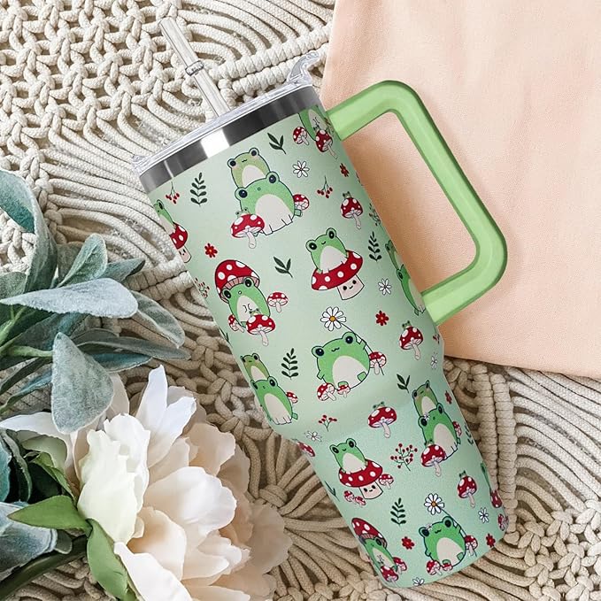 Ceovfoi 40 oz Frog Tumbler With Handle, Lid and Straw - Cute Green Kawaii Mushroom Gifts for Women, Decor, Accessories