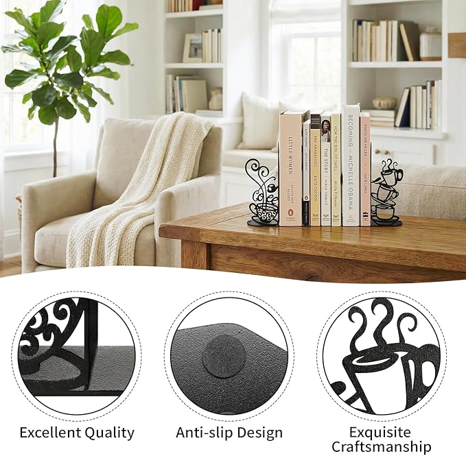 Creative Coffee Cup Decorative Bookend for Shelves, Metal Bookends for Heavy Books, Unique Cute Cookbook Organizer Book Holder for Kitchen Housewarming Cooking Book Lover Gifts