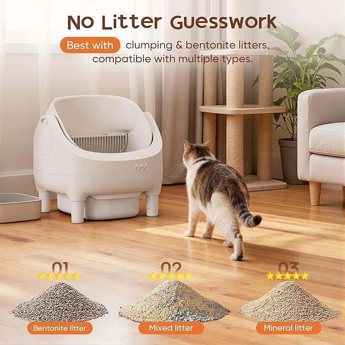 GUNJI Open-Top Cat Litter Box – Electric Auto-Cleaning System, Reliable Odor Management, Smart APP Support, 15L Large-Capacity Waste Bin, Trash Bags & Mat Included (White)