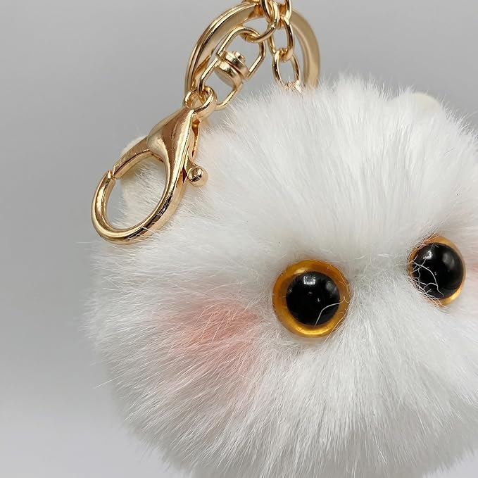Cute White Cat Plush Keychain - Kawaii Snow Cat Pom Pom Bag Charm, Soft Keychain for Backpack Purse, Birthday Gift for Women Girls
