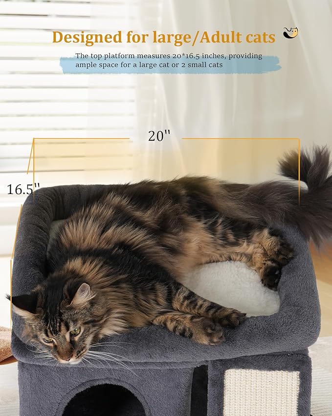 Aechonow Cat Tree for Indoor Large Cats, 14 Inch Cat Tower with 20x16.5 Inch Large Perch Bed, Cat Climbing Tree with Sisal Scratching Post for Adult Senior Cats, Removable Washable Mat, Dark Gray