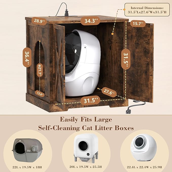 Heybly Litter Box Enclosure,Large Robot Cabinet with Charging Station,Wooden Cat Litter Box Enclosure Furniture for Self-Cleaning Robot 3 & 4,Hidden for Smart Litter Box Size, Rustic Brown HCLB004SR