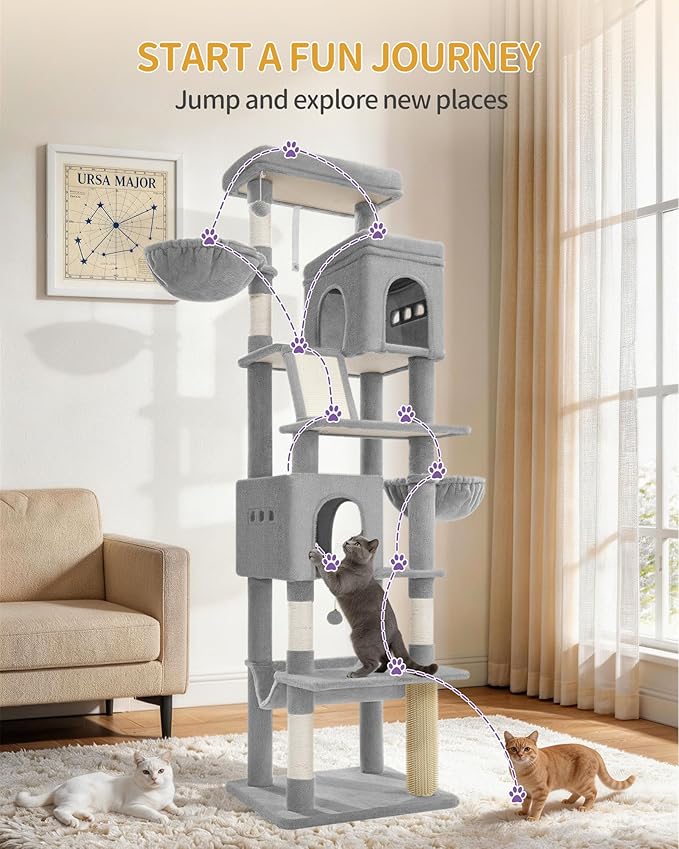 Hzuaneri Large Sturdy Cat Tree Tower, 75 Inch Tall Pet Condo For 7 Large Cats, Cat Tree Indoor Climbing Activity Tower, 2 Large Platform/2 Cave/2 Hanging Basket/5 Scratching Post, Light Grey MS19018LG