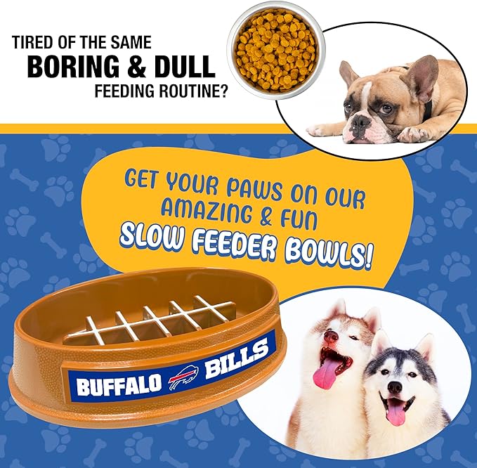 NFL Super-Bowl Buffalo Bills Slow Feeder Dog & Cat Bowl. Football Design for Healthy Digestion. Non-Slip for Large & Small Pets