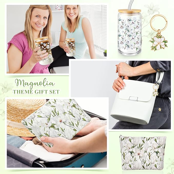 Hushee 3 Pcs Magnolia Theme Gifts For Mother Day Magnolia Makeup Bag and Glass Cup with Lid Straw Keychain Employee Appreciation Gifts for Friend Mom Coworker Staff