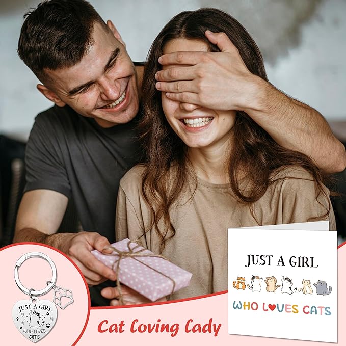Cat Gifts Women Girls Presents - 5 Pcs Presents for Cat Lovers Including Cute Canvas Tote Bag, Makeup Bag, Card and Keyring for people who love cats Mum Auntie Wife Sisters Friends Teacher
