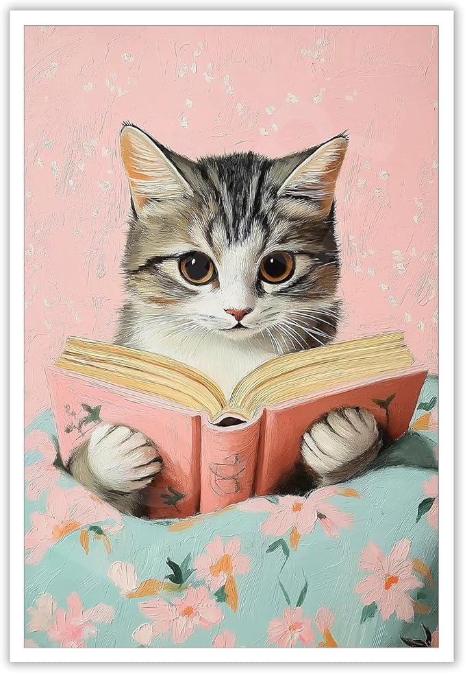 Vintage Cat In Bed Canvas Wall Art Funny Cute Cats Reading Books Poster Retro Pink Girls Room Pet Animal Aesthetic Prints Painting For Home Bedroom Kids Room Dorm Wall Decor 24x36in Unframed