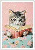 Vintage Cat In Bed Canvas Wall Art Funny Cute Cats Reading Books Poster Retro Pink Girls Room Pet Animal Aesthetic Prints Painting For Home Bedroom Kids Room Dorm Wall Decor 12x16in Unframed