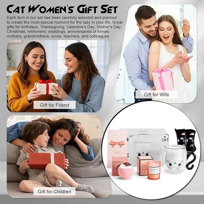Cat Mug Gifts Set, Birthday Gifts for Women Her Mom, Christmas Presents for Women, Valentines Mothers Day Cat Lovers Presents Idea for Sister Wife Grandma Female Teacher Friend Coworker (Black)
