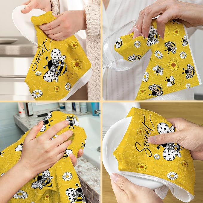 Hexagram Bee Kitchen Towels Set of 2, Bee Gifts for Women, Funny Cute Housewarming Dish Hand Towels for Home Kitchen Decor