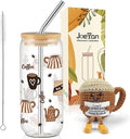 Joeyan Glass Cup with Lid and Straw - 20oz Iced Coffee Cups with Positive Crochet Coffee Mug Doll, Funny Coffee Gifts for Women, Coffee Lover Tumbler for Smoothie Boba Tea, Espresso Gift for Her