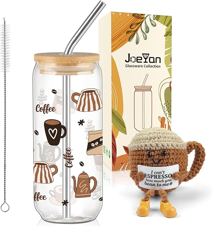 Joeyan Glass Cup with Lid and Straw - 20oz Iced Coffee Cups with Positive Crochet Coffee Mug Doll, Funny Coffee Gifts for Women, Coffee Lover Tumbler for Smoothie Boba Tea, Espresso Gift for Her