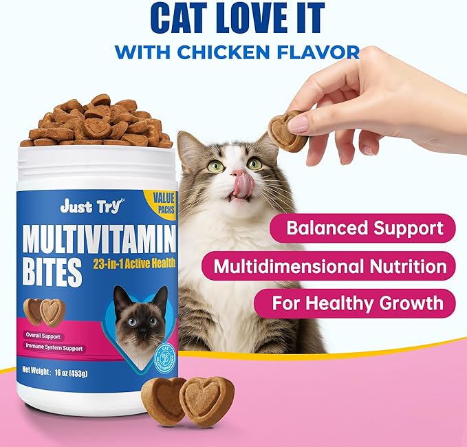 Just Try 23 in 1 Taurine for Cats Vitamins Treats with L-Lysine for Immune, Joint Support Skin & Coat & Heart Health - Multivitamin, HIV Omega 3, Biotin Supplements for Indoor & Senior Cat - 16 oz