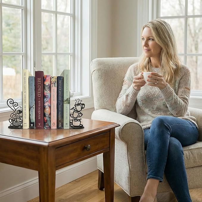 Creative Coffee Cup Decorative Bookend for Shelves, Metal Bookends for Heavy Books, Unique Cute Cookbook Organizer Book Holder for Kitchen Housewarming Cooking Book Lover Gifts