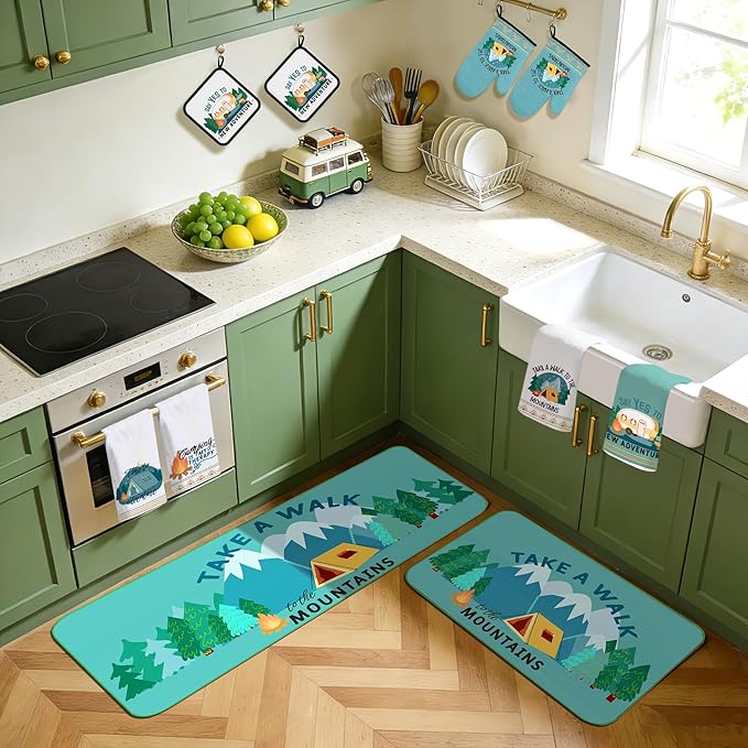10 Pcs Camping Kitchen Decor and Accessories - Sets 4 Kitchen Towels 2 Pot Holders 2 Oven Mitts 2 Rugs for Kitchen Bathroom Home Funny Cooking Farmhome Housewarming Baking Gifts for Rv Campers