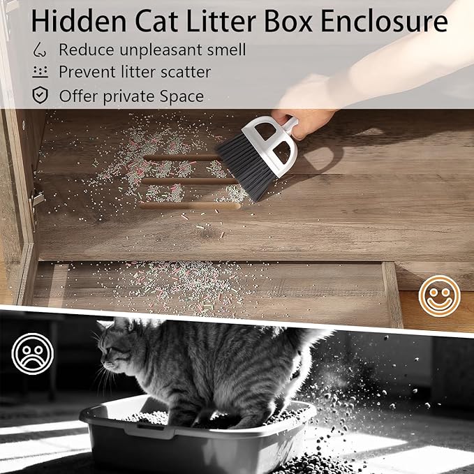 Cat Litter Box Enclosure with Convenient Litter Collector, Cat-Viewing Glass Doors, Wooden Cozy Pet House (Grey)