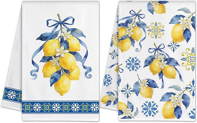 Hexagram Lemon Kitchen Towels Set of 2, Lemon Decor Gifts for Women, Funny Cute Housewarming Dish Hand Towels for Home Kitchen Decor