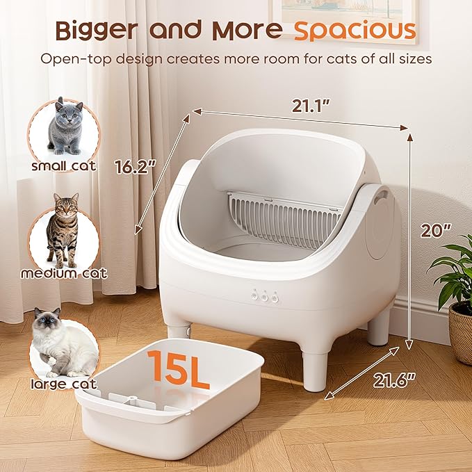 GUNJI Open-Top Cat Litter Box – Electric Auto-Cleaning System, Reliable Odor Management, Smart APP Support, 15L Large-Capacity Waste Bin, Trash Bags & Mat Included (White)