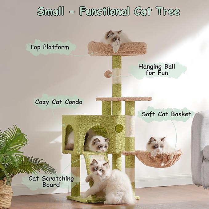 Gitelsnour Cat Tree, 42.1" Cat Tower for Indoor Kittens with Scratching Board and Posts, Multi-Level Cozy Cat Condo with 2 Perches, Hammock, Balls, Green and Yellow GCT005SGY