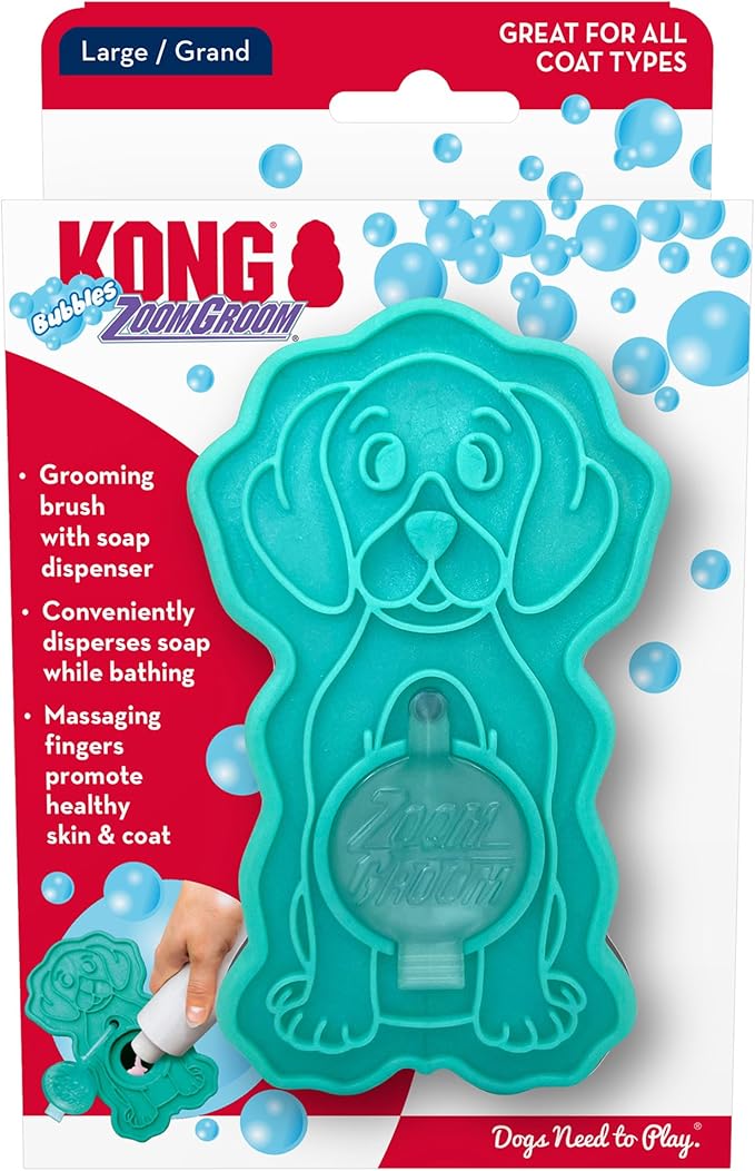 KONG ZoomGroom Bubbles Dog Brush - Soap Dispensing, Massaging and Gooming Brush for Dogs, Removes Shedding Hair - Works on All Coat Types and Lengths