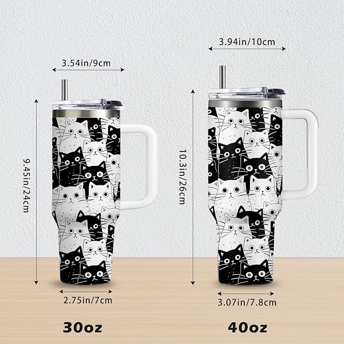 Cat Lover Gifts, Gift for Cats Lovers Women Men Girls Funny 40oz Black Cats Themed Tumbler Cups with Handle - Everything Is Fine Mug, Christmas Birthday Gift for Black Cat Mom Lady Gifts Cup