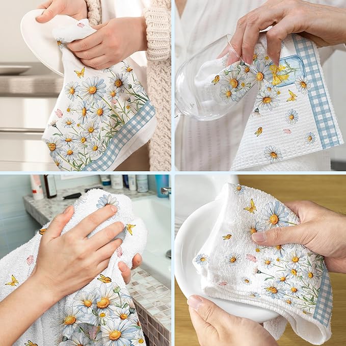 Hexagram Daisy Kitchen Towels Set of 2, Daisy Decor Gifts for Women, Funny Cute Housewarming Dish Hand Towels for Home Kitchen Decor