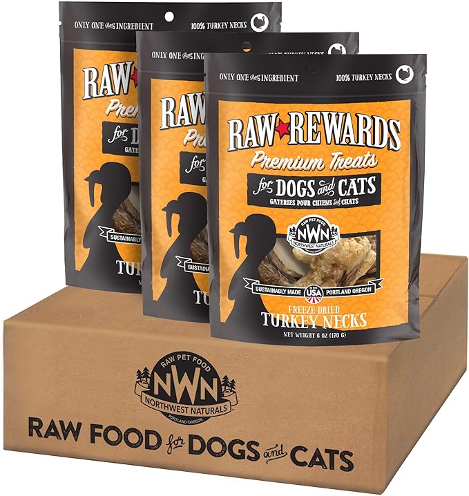 Northwest Naturals Raw Rewards Freeze-Dried Turkey Neck Treats for Dogs and Cats - Bite-Sized Pieces - Healthy, 1 Ingredient, Human Grade Ingredients, All Natural, Made in USA, 6 Oz (Pack of 3)