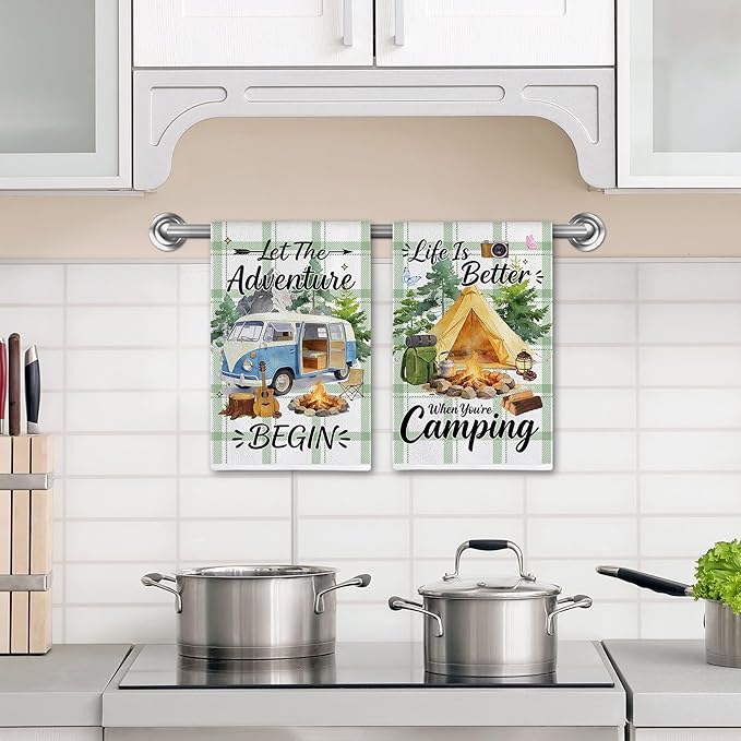 Hexagram Camping Kitchen Towels Set of 2, Camping Decor Gifts for Women, Funny Cute Housewarming Dish Hand Towels for Home Kitchen Decor
