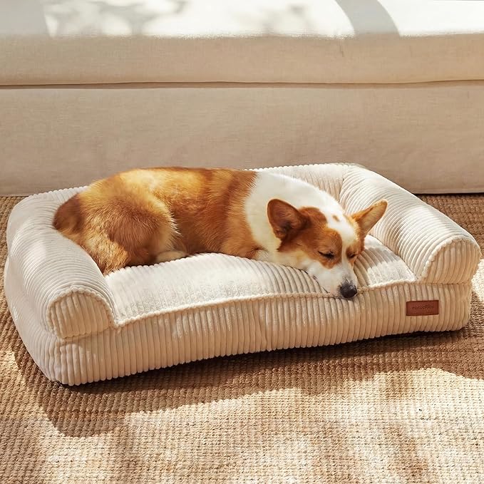 FUKUMARU Cute Dog Bed, Thickened Orthopedic Dogs Couch, 36in Egg Crate Foam Pet Sofa for Medium to Large Dogs, Waterproof Warm Corduroy Pet Bed with Washable Cover, Cream