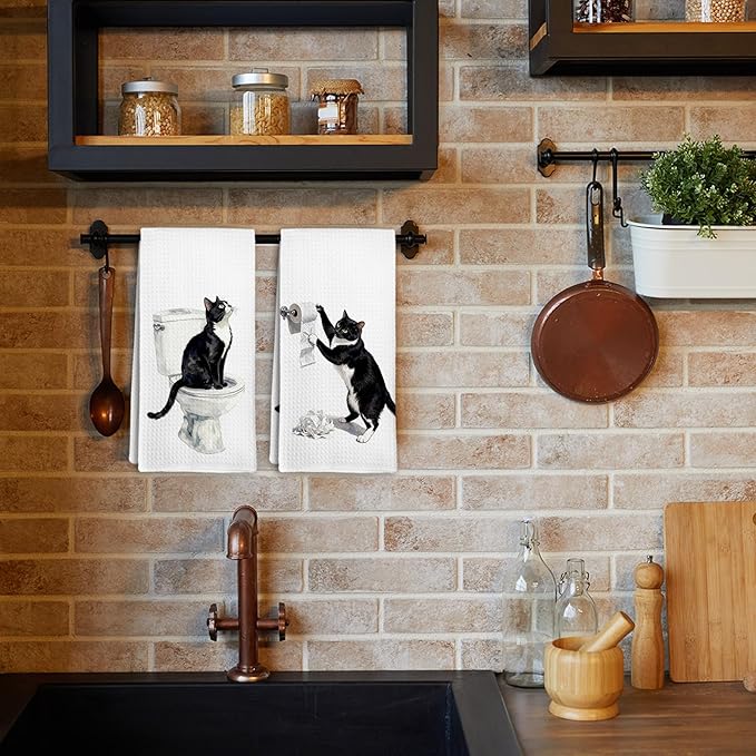 Funny Tuxedo Cat Hand Towels for Bathroom Washroom Kitchen Decor, Tuxedo Cat Gifts for Women Men, Cute Cats Decorative Hand Towels Set of 2, Black Kitty Themed Dish Tea Towel, 16x24 Inch