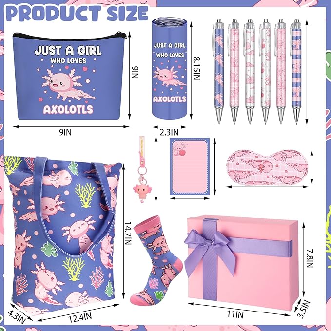 Wonderjune 14 Set Axolotl Lover Gift Set, Axolotl Gifts for Girls Cute Birthday Graduation Gifts for Her, Gift Baskets for Axolotls Lover Friends, Girls, Daughters, Sister