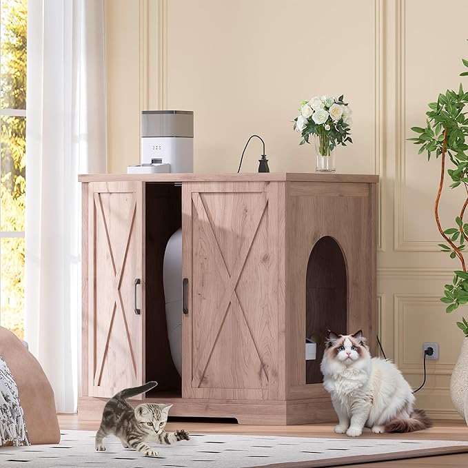 Heybly 34.5" Litter Box Enclosure,Large Robot Cabinet with Charging Station,Wooden Cat Litter Box Enclosure Furniture for Self-Cleaning Robot 3 & 4,Hidden for Smart Litter Box Size,Greige HCLB004SG