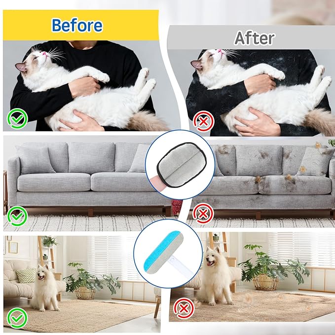 2pack Pet Hair Remover, Dog Hair Remover Glove with Cat Hair Remover Brush for Couch, Reusable Washable Lint Cleaner Brush Hairs Removal Tool for Furniture Clothing Bedsheets Carpets