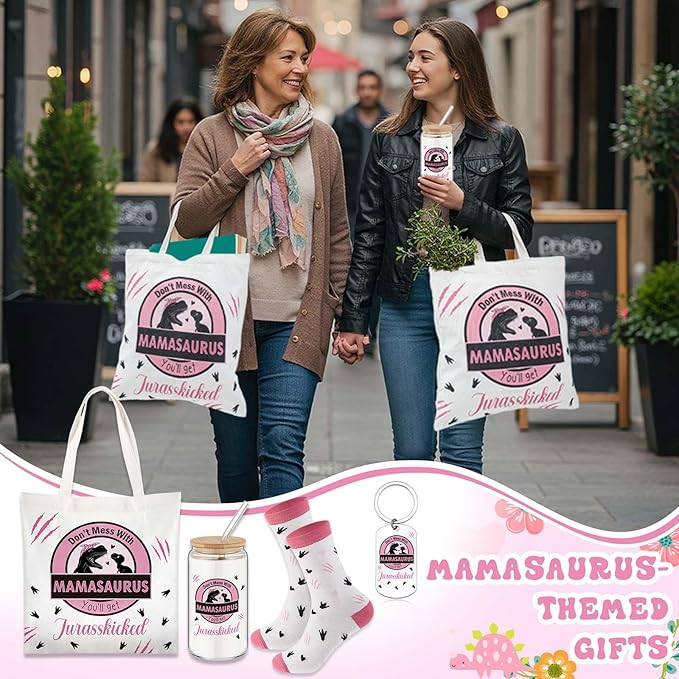 Paterr 4 Pcs Mom Gifts for Mother's Day Mamasaurus Gift for mother women Birthday Decorations，with Canvas Tote Bag 16oz Glass Coffee Cup with Straw Socks Cute Keychain