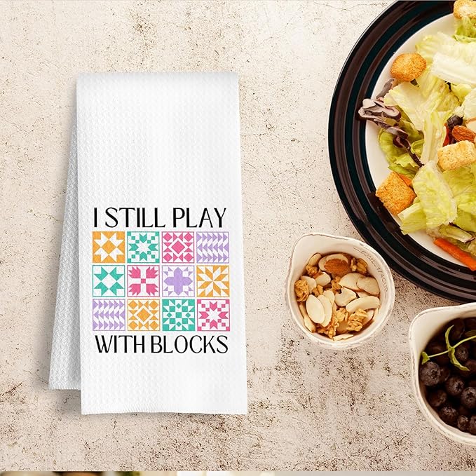 Boho Quilting Kitchen Towels, Trendy Rustic Sewing Dish Tea Towels, Quilter Gifts for Women, I Still Play with Blocks Decorative Hand Towel for Bathroom Kitchen, 16x24 Inch
