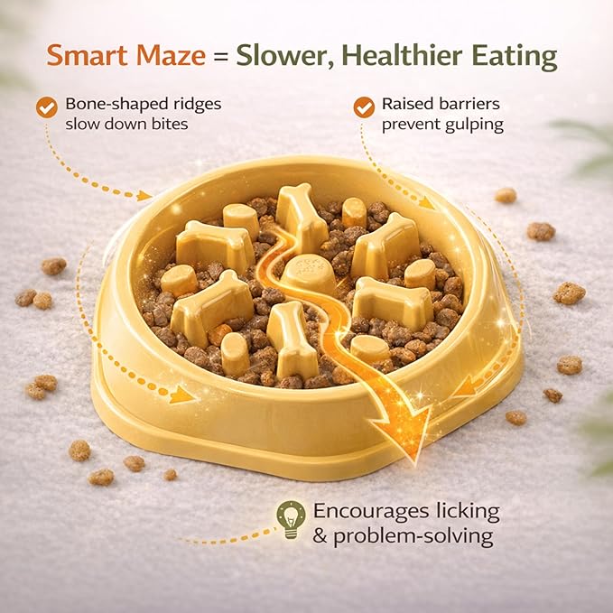 Slow Feeder Bowl for Small & Medium Cats & Dogs - Durable Slow Feeding Bowl with Non-Slip Base -Anti-Choking Puzzle Food Bowl for Dogs That Helps Mental Stimulation & Reduces Fast Eating-Yellow