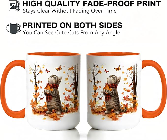 Cute Cat Coffee Mug for Cat Lovers, Fall Maple Leaf Kitten Mug, 15oz White Large Ceramic Tea Cup with Orange Handle, Ideal for Hot & Cold Drinks, Fun Novelty Gift for Women and Coworkers